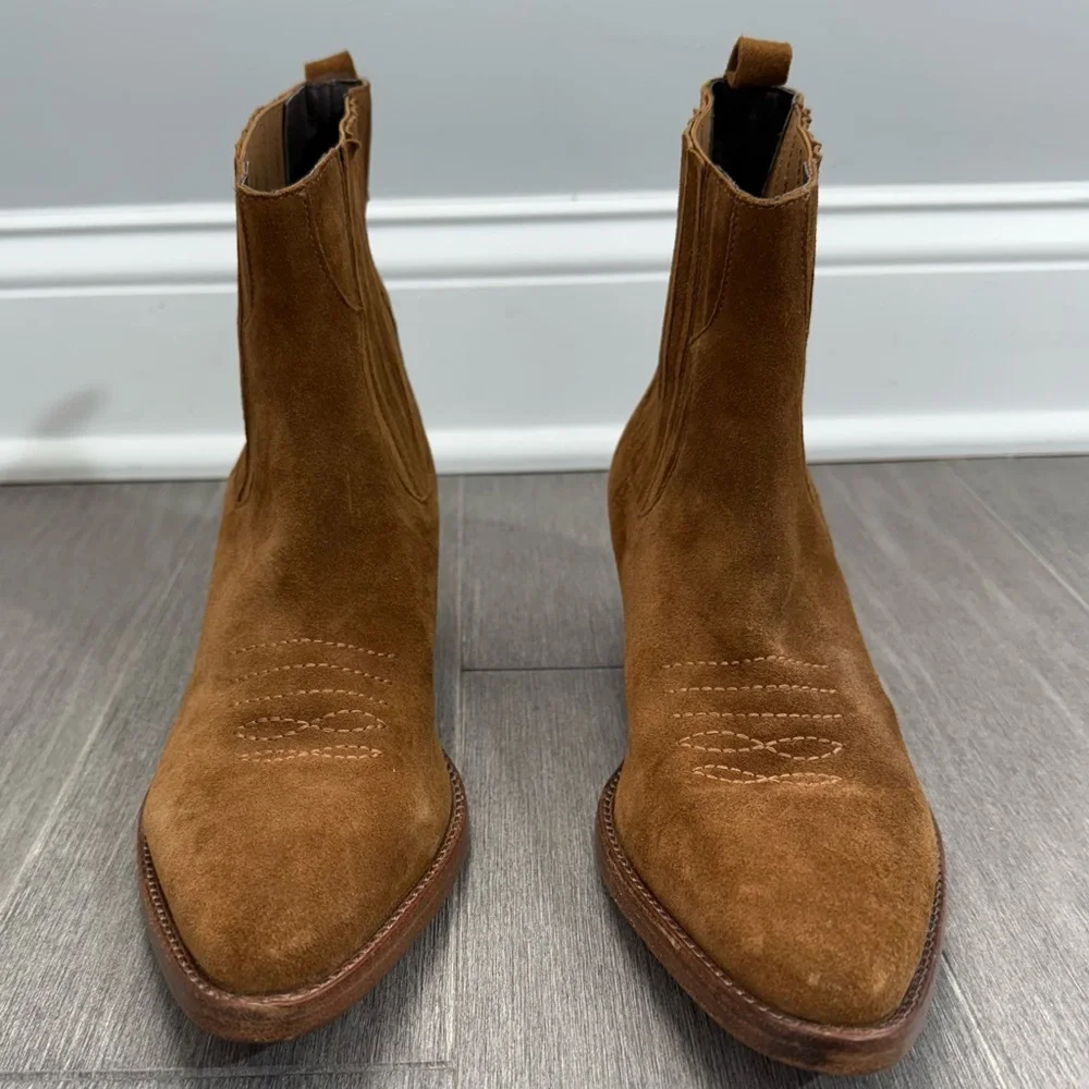 MAJE Farwest Suede Cowboy Boots Size 41 10.5 Tan Camel 70s Western Ankle Booties - Picture 7 of 16